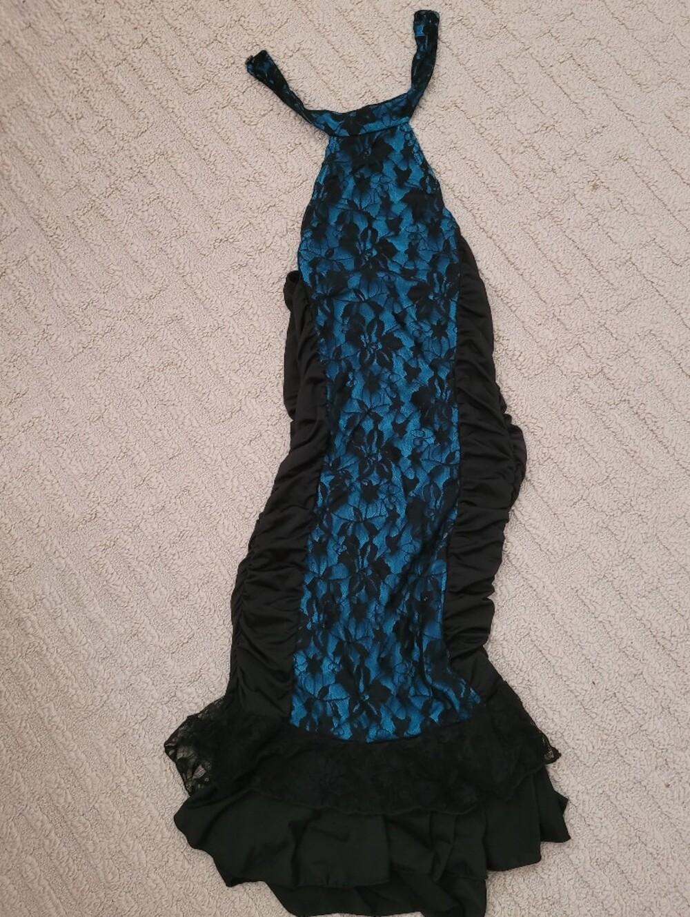 Women's Teal Lace Halter Evening Dress with Black Accents